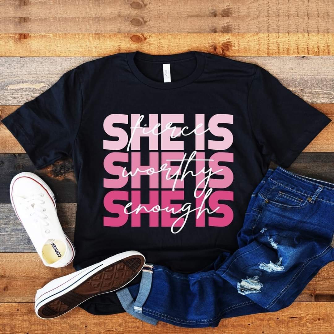 “She Is” Black short sleeve tee